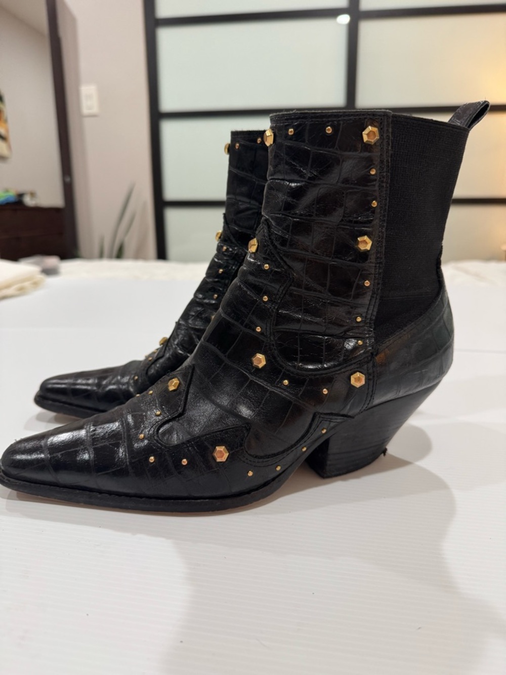 Vince Camuto Black Pointed Western Ankle Boots with Gold Studs - Picture 4 of 9